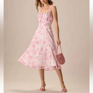 Rihoas Pink Square Neck Floral Ruched Midi Dress
